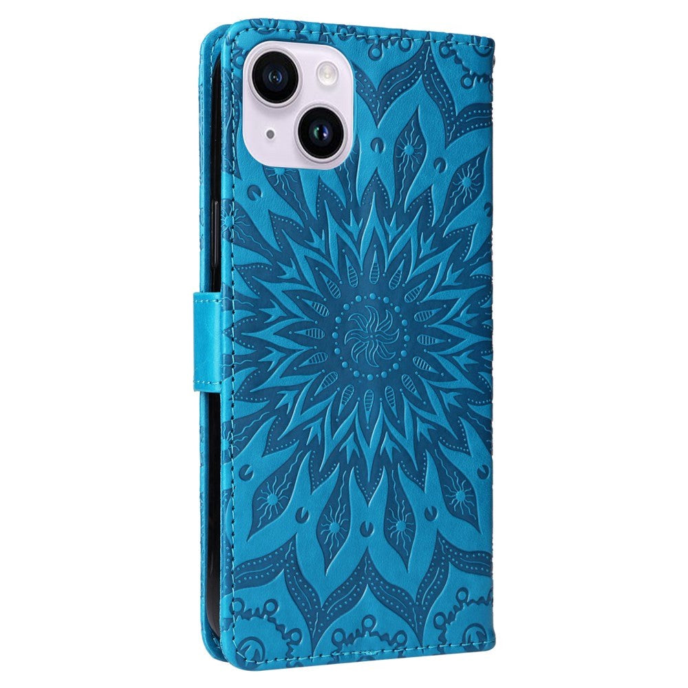 iPhone 15 Læder Flip Cover m. Pung og Strop - Mandala Blomst - Blå