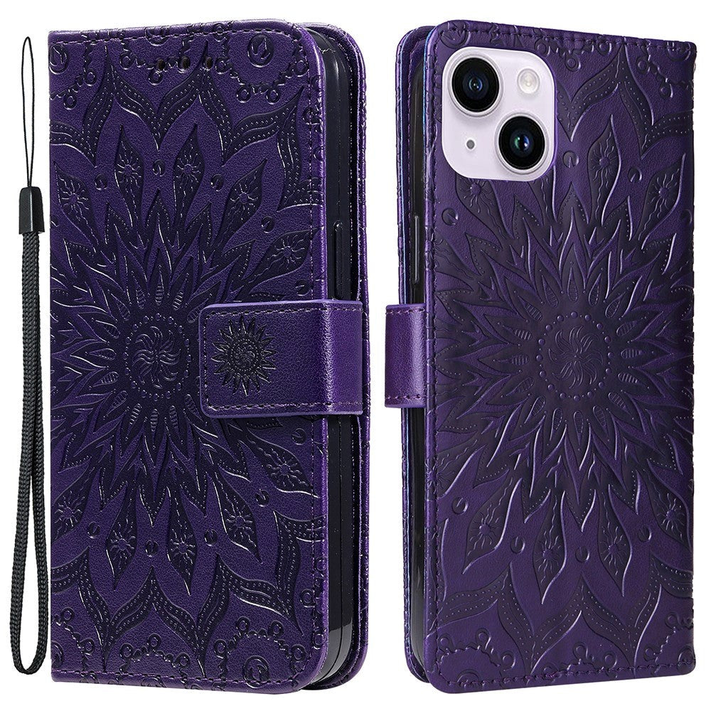 iPhone 15 Læder Flip Cover m. Pung og Strop - Mandala Blomst - Lilla