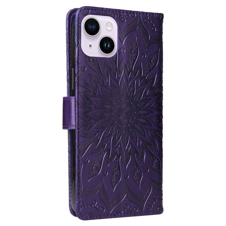 iPhone 15 Plus Læder Flip Cover m. Pung og Strop - Mandala Blomst - Lilla