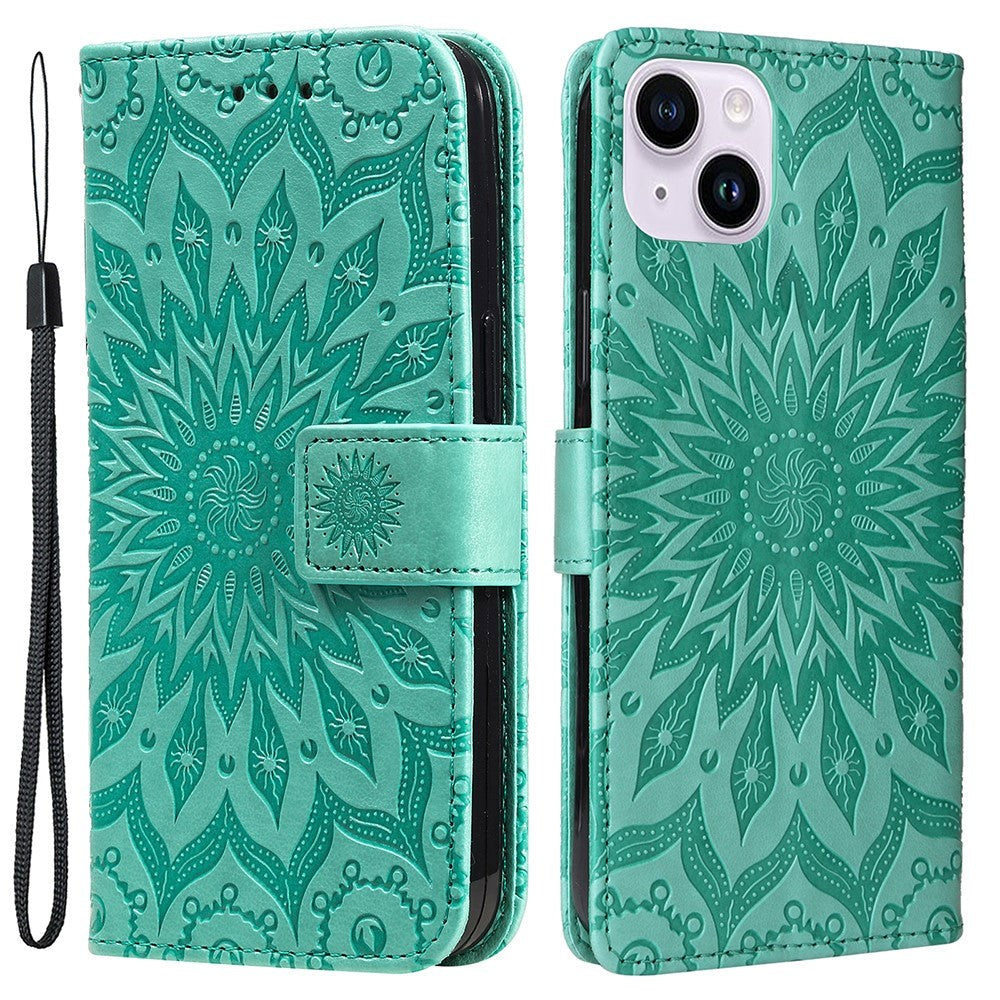 iPhone 15 Læder Flip Cover m. Pung og Strop - Mandala Blomst - Grøn