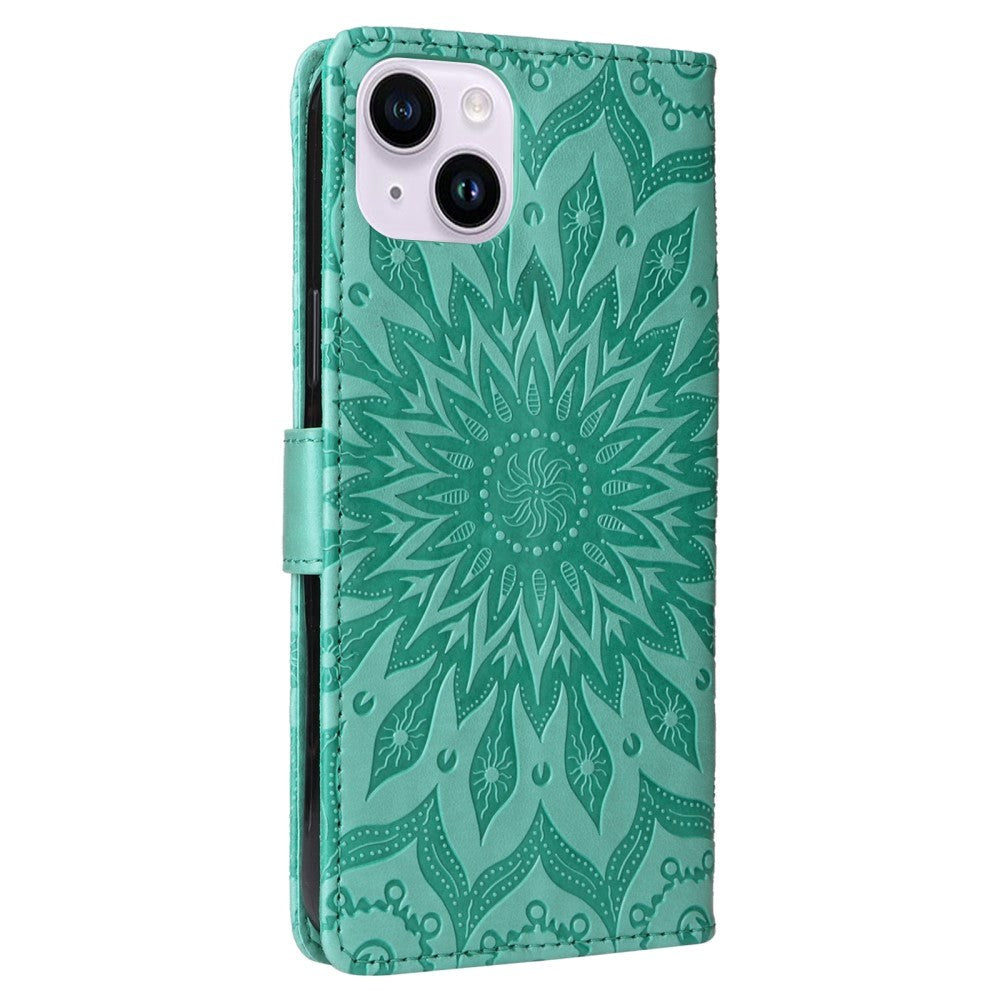 iPhone 15 Læder Flip Cover m. Pung og Strop - Mandala Blomst - Grøn