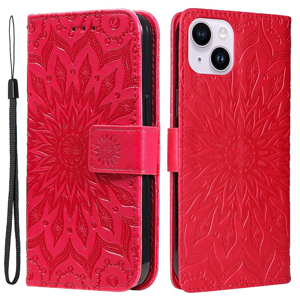 iPhone 15 Plus Læder Flip Cover m. Pung og Strop - Mandala Blomst - Rød