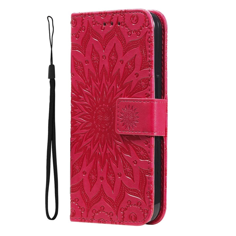 iPhone 15 Plus Læder Flip Cover m. Pung og Strop - Mandala Blomst - Rød