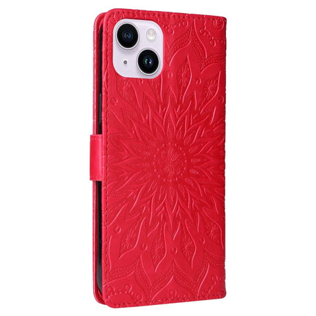 iPhone 15 Plus Læder Flip Cover m. Pung og Strop - Mandala Blomst - Rød