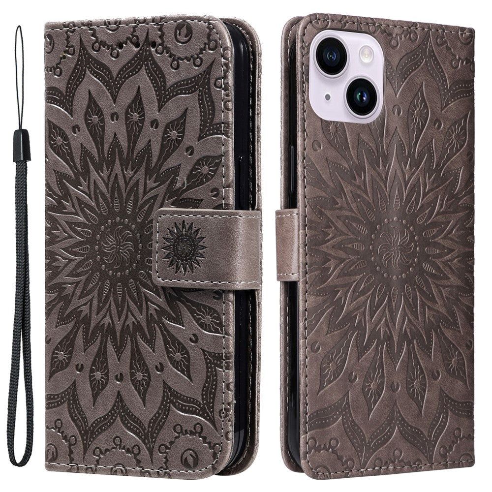 iPhone 15 Plus Læder Flip Cover m. Pung og Strop - Mandala Blomst - Grå