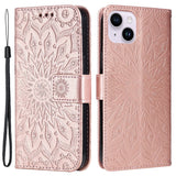 iPhone 15 Læder Flip Cover m. Pung og Strop - Mandala Blomst - Rose Gold