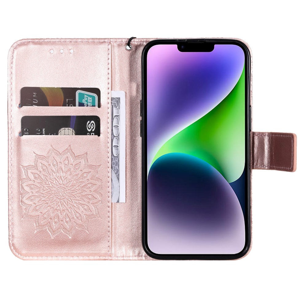 iPhone 15 Plus Læder Flip Cover m. Pung og Strop - Mandala Blomst - Rose Gold