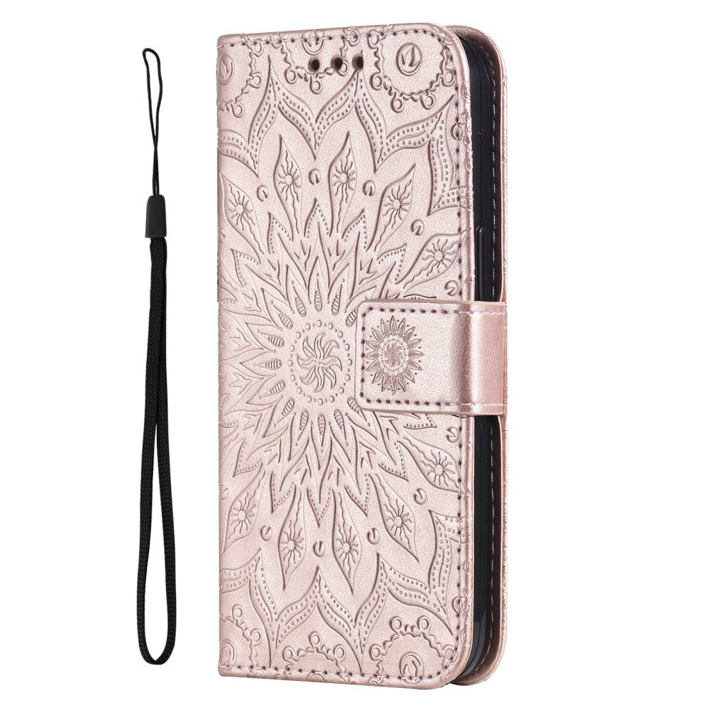 iPhone 15 Plus Læder Flip Cover m. Pung og Strop - Mandala Blomst - Rose Gold