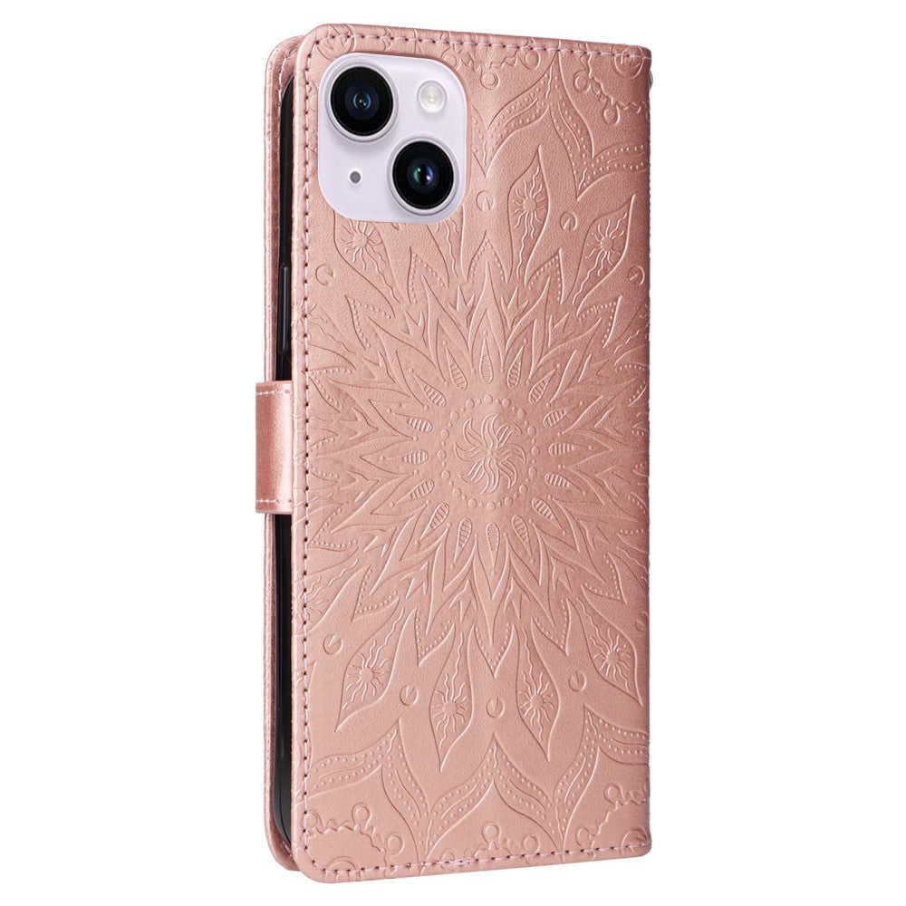 iPhone 15 Læder Flip Cover m. Pung og Strop - Mandala Blomst - Rose Gold