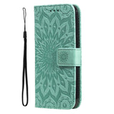 iPhone 15 Pro Max Læder Flip Cover m. Pung og Strop - Mandala Blomst - Grøn