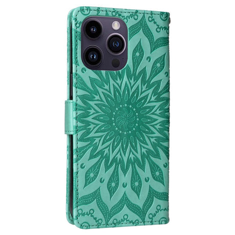 iPhone 15 Pro Max Læder Flip Cover m. Pung og Strop - Mandala Blomst - Grøn