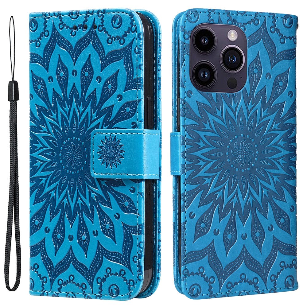 iPhone 15 Pro Max Læder Flip Cover m. Pung og Strop - Mandala Blomst - Blå