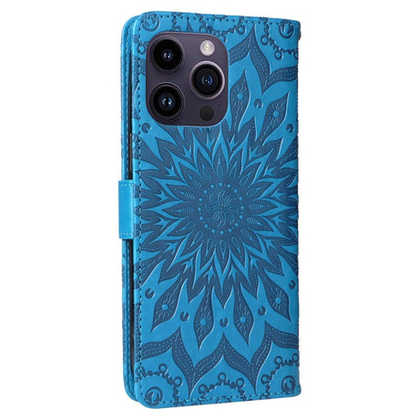 iPhone 15 Pro Max Læder Flip Cover m. Pung og Strop - Mandala Blomst - Blå