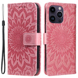 iPhone 15 Pro Max Læder Flip Cover m. Pung og Strop - Mandala Blomst - Lyserød