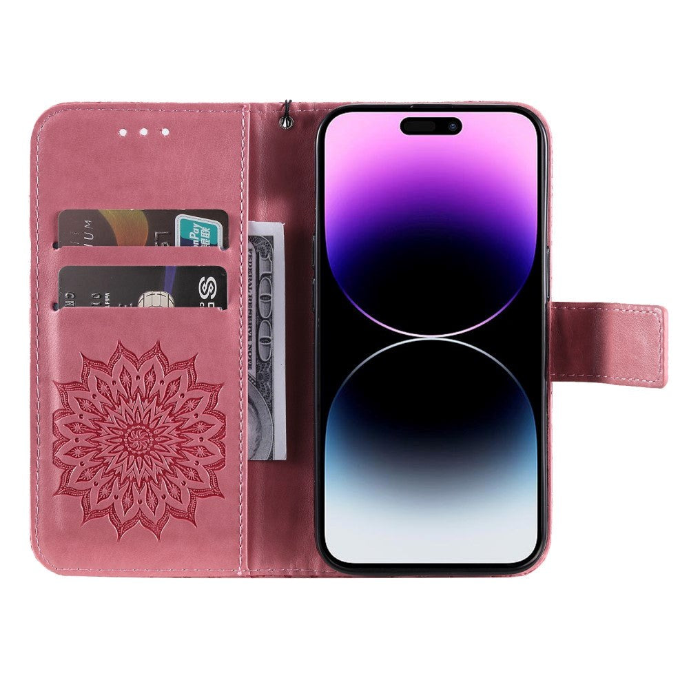 iPhone 15 Pro Max Læder Flip Cover m. Pung og Strop - Mandala Blomst - Lyserød