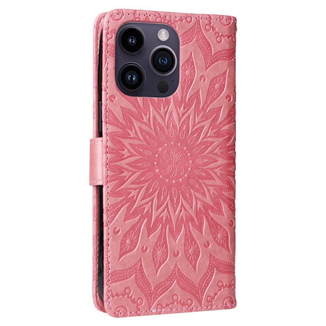 iPhone 15 Pro Max Læder Flip Cover m. Pung og Strop - Mandala Blomst - Lyserød