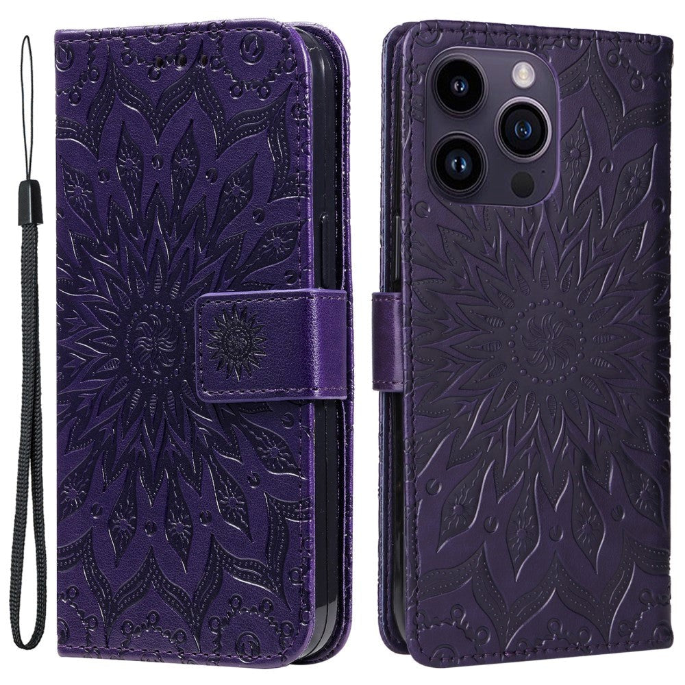 iPhone 15 Pro Max Læder Flip Cover m. Pung og Strop - Mandala Blomst - Lilla