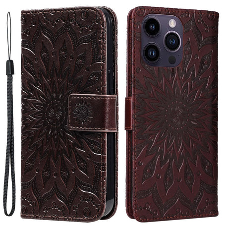 iPhone 15 Pro Max Læder Flip Cover m. Pung og Strop - Mandala Blomst - Brun