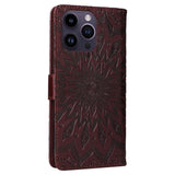 iPhone 15 Pro Max Læder Flip Cover m. Pung og Strop - Mandala Blomst - Brun