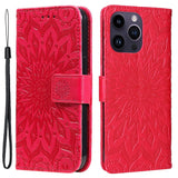 iPhone 15 Pro Max Læder Flip Cover m. Pung og Strop - Mandala Blomst - Rød