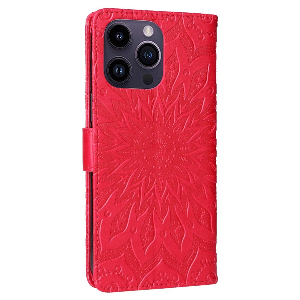 iPhone 15 Pro Max Læder Flip Cover m. Pung og Strop - Mandala Blomst - Rød