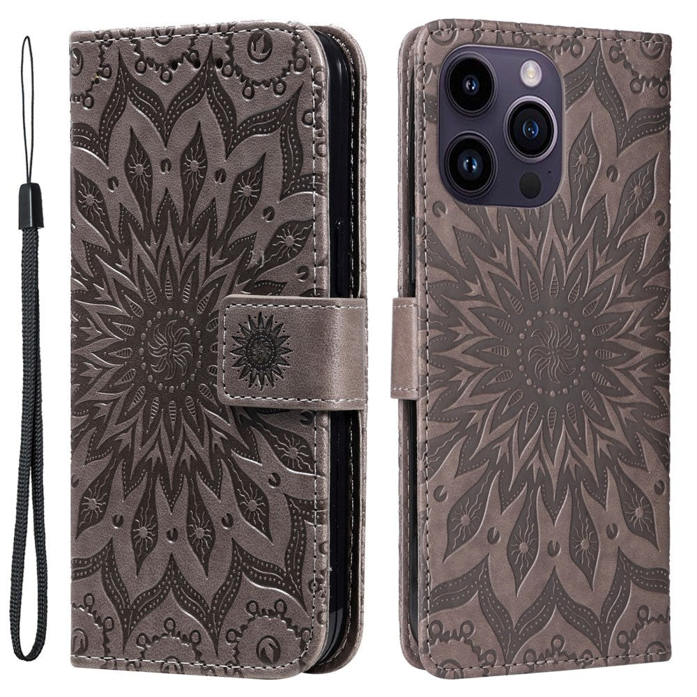 iPhone 15 Pro Max Læder Flip Cover m. Pung og Strop - Mandala Blomst - Grå