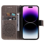 iPhone 15 Pro Max Læder Flip Cover m. Pung og Strop - Mandala Blomst - Grå