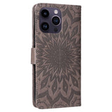 iPhone 15 Pro Max Læder Flip Cover m. Pung og Strop - Mandala Blomst - Grå