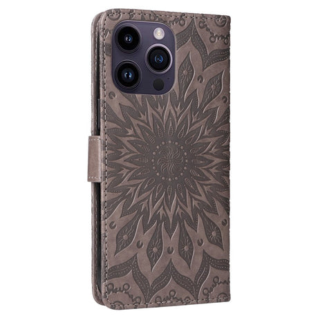 iPhone 15 Pro Max Læder Flip Cover m. Pung og Strop - Mandala Blomst - Grå