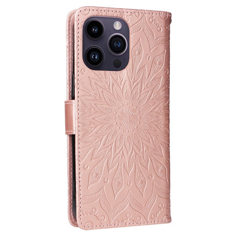 iPhone 15 Pro Max Læder Flip Cover m. Pung og Strop - Mandala Blomst - Rose Gold