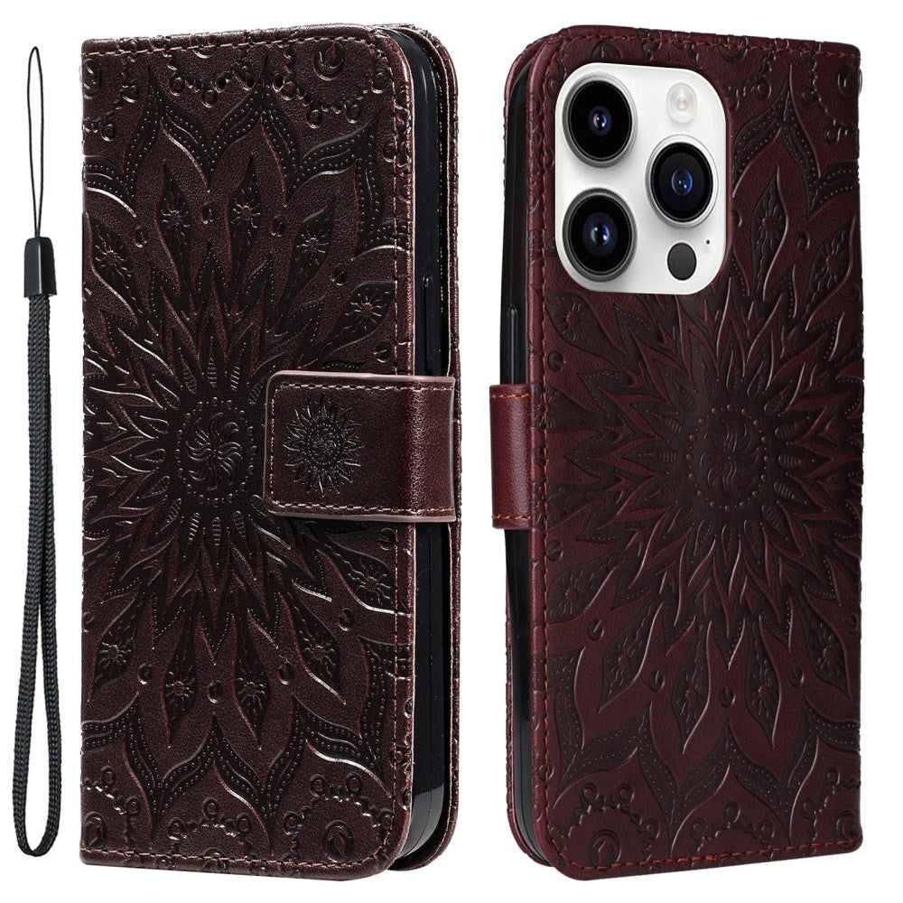 iPhone 15 Pro Læder Flip Cover m. Pung og Strop - Mandala Blomst - Mørkebrun