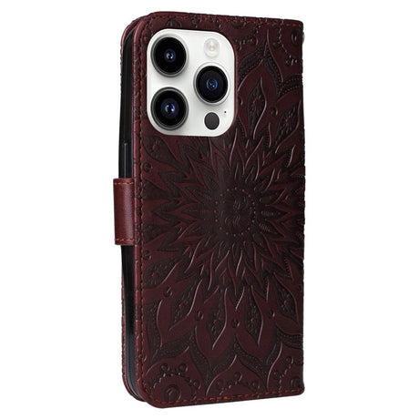 iPhone 15 Pro Læder Flip Cover m. Pung og Strop - Mandala Blomst - Mørkebrun