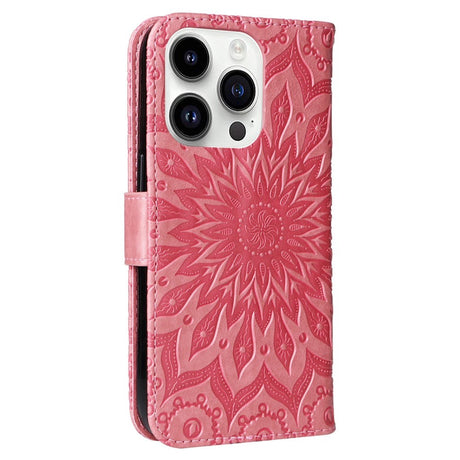 iPhone 15 Pro Læder Flip Cover m. Pung og Strop - Mandala Blomst - Lyserød