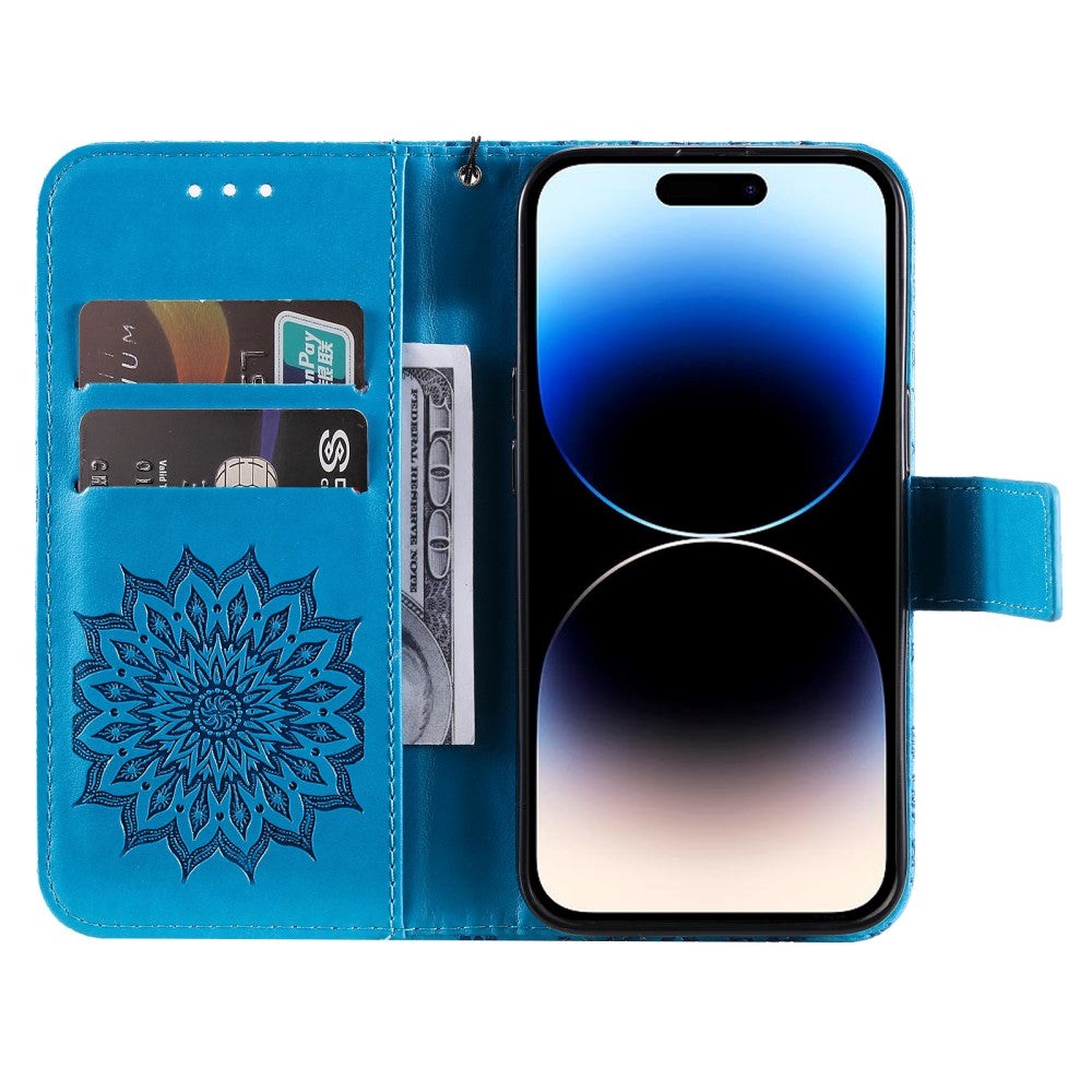 iPhone 15 Pro Læder Flip Cover m. Pung og Strop - Mandala Blomst - Blå