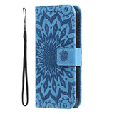 iPhone 15 Pro Læder Flip Cover m. Pung og Strop - Mandala Blomst - Blå