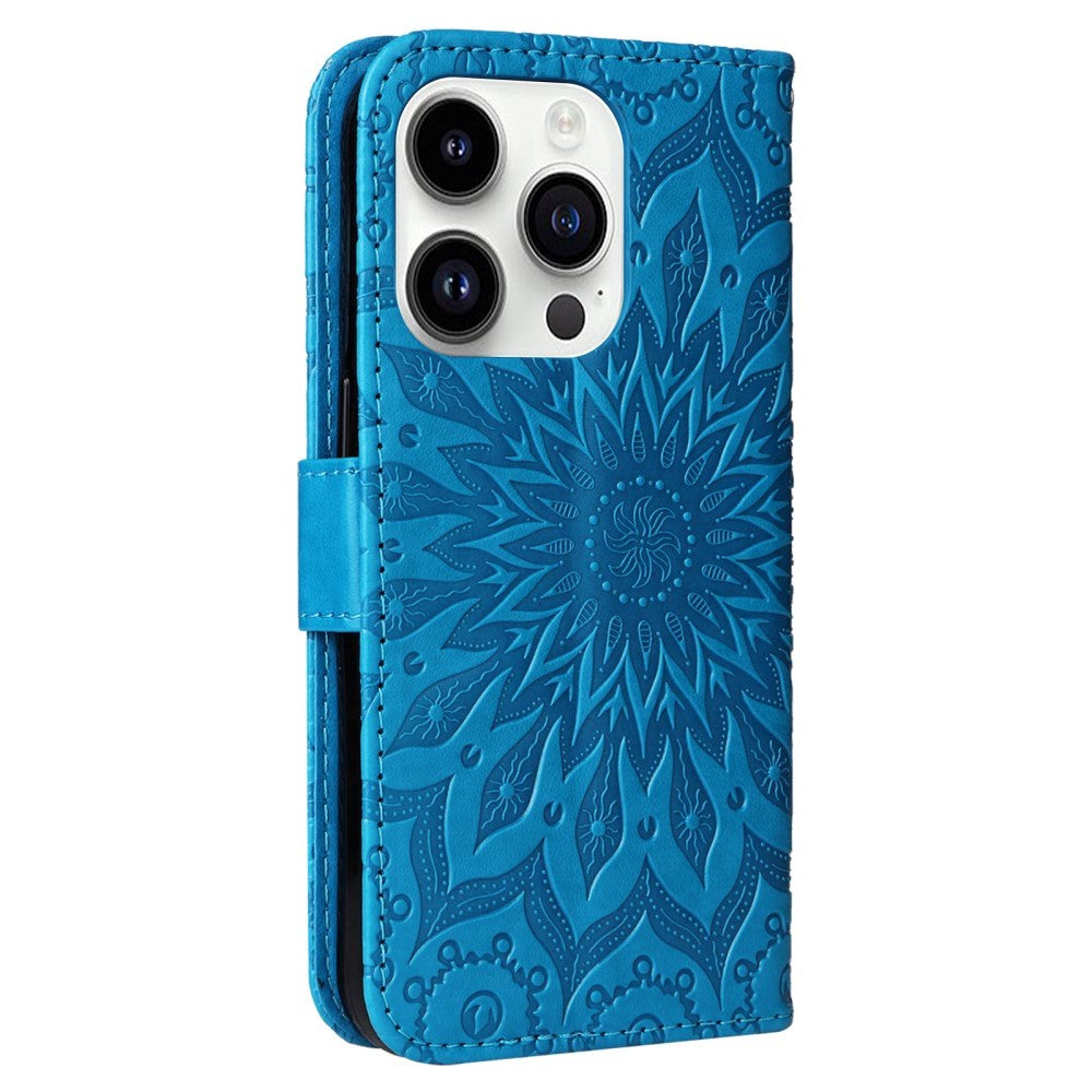 iPhone 15 Pro Læder Flip Cover m. Pung og Strop - Mandala Blomst - Blå