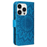 iPhone 15 Pro Læder Flip Cover m. Pung og Strop - Mandala Blomst - Blå