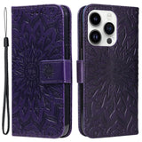 iPhone 15 Pro Læder Flip Cover m. Pung og Strop - Mandala Blomst - Lilla