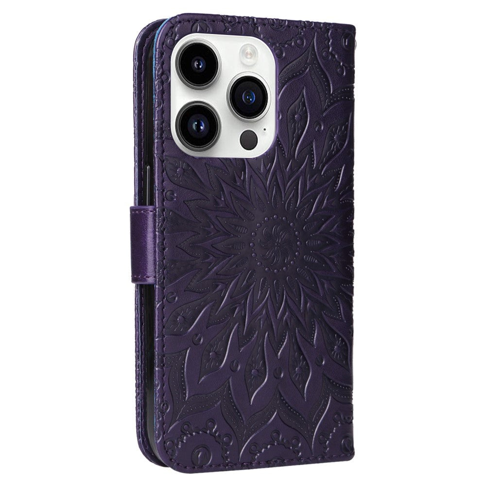 iPhone 15 Pro Læder Flip Cover m. Pung og Strop - Mandala Blomst - Lilla