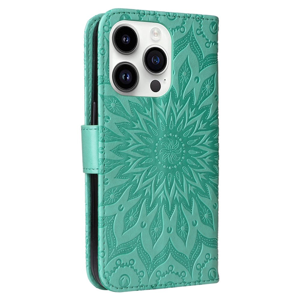 iPhone 15 Pro Læder Flip Cover m. Pung og Strop - Mandala Blomst - Grøn