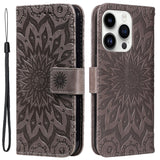 iPhone 15 Pro Læder Flip Cover m. Pung og Strop - Mandala Blomst - Brun