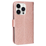 iPhone 15 Pro Læder Flip Cover m. Pung og Strop - Mandala Blomst - Rose Gold