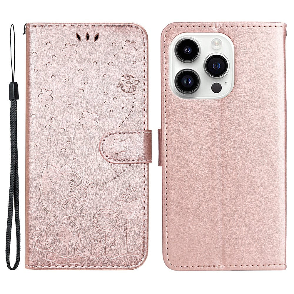 iPhone 15 Pro Læder Flip Cover m. Pung & Strop - Kat Indgravering - Rose Gold