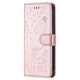 iPhone 15 Pro Læder Flip Cover m. Pung & Strop - Kat Indgravering - Rose Gold