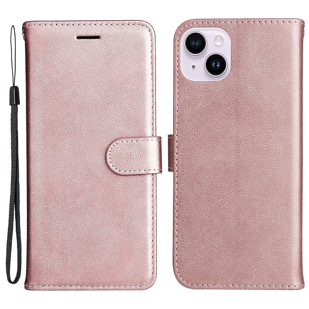 iPhone 15 Plus Læder Flip Cover m. Pung og Strop - Rose Gold