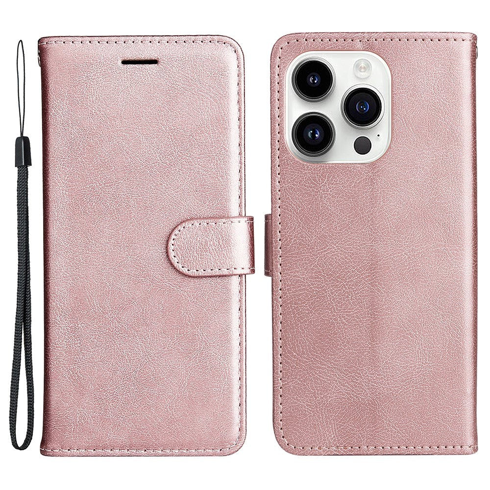 iPhone 15 Pro Læder Flip Cover m. Strop og Pung - Rose Gold