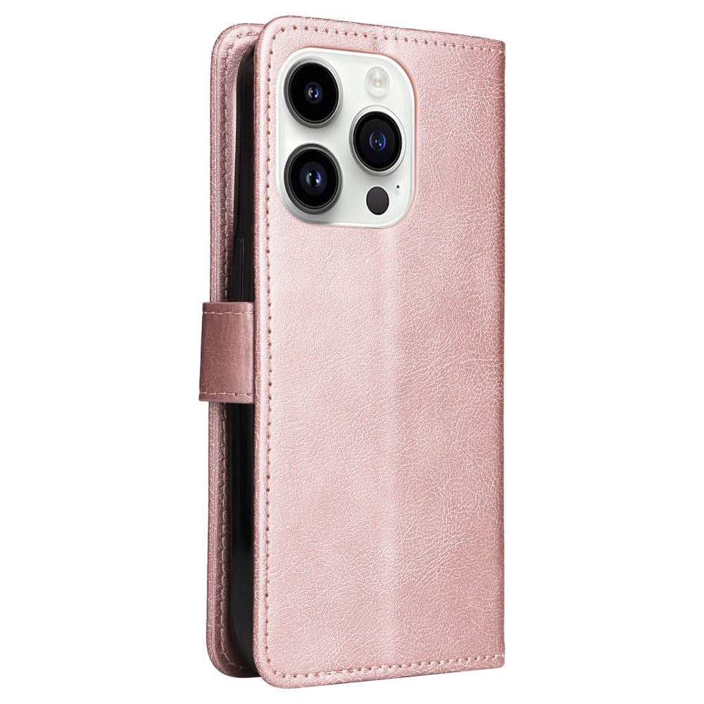 iPhone 15 Pro Læder Flip Cover m. Strop og Pung - Rose Gold