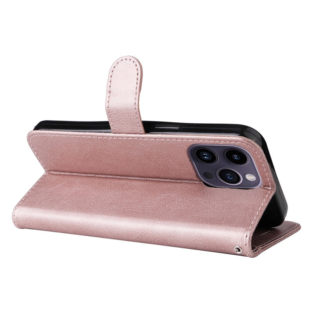 iPhone 15 Pro Max Læder Flip Cover m. Pung og Strop - Rose Gold