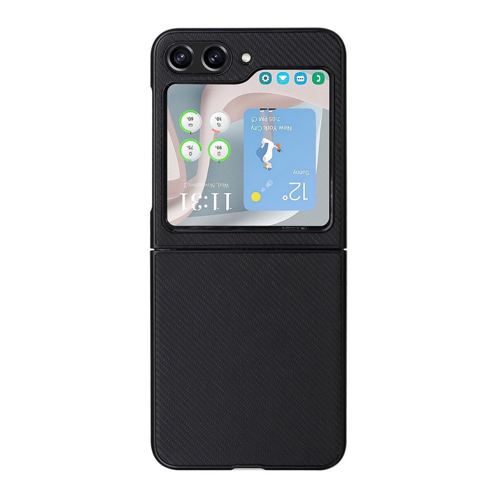 Samsung Galaxy Z Flip5 (5G) Læderbetrukket Plastik Cover - Sort Carbon