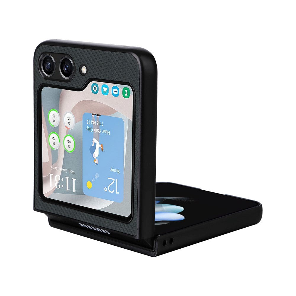 Samsung Galaxy Z Flip5 (5G) Læderbetrukket Plastik Cover - Sort Carbon
